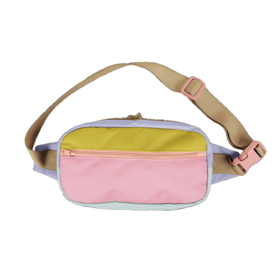 Product: Pastel color-block large recycled fanny pack on white background with adjustable tan strap and front zipper pocket.
