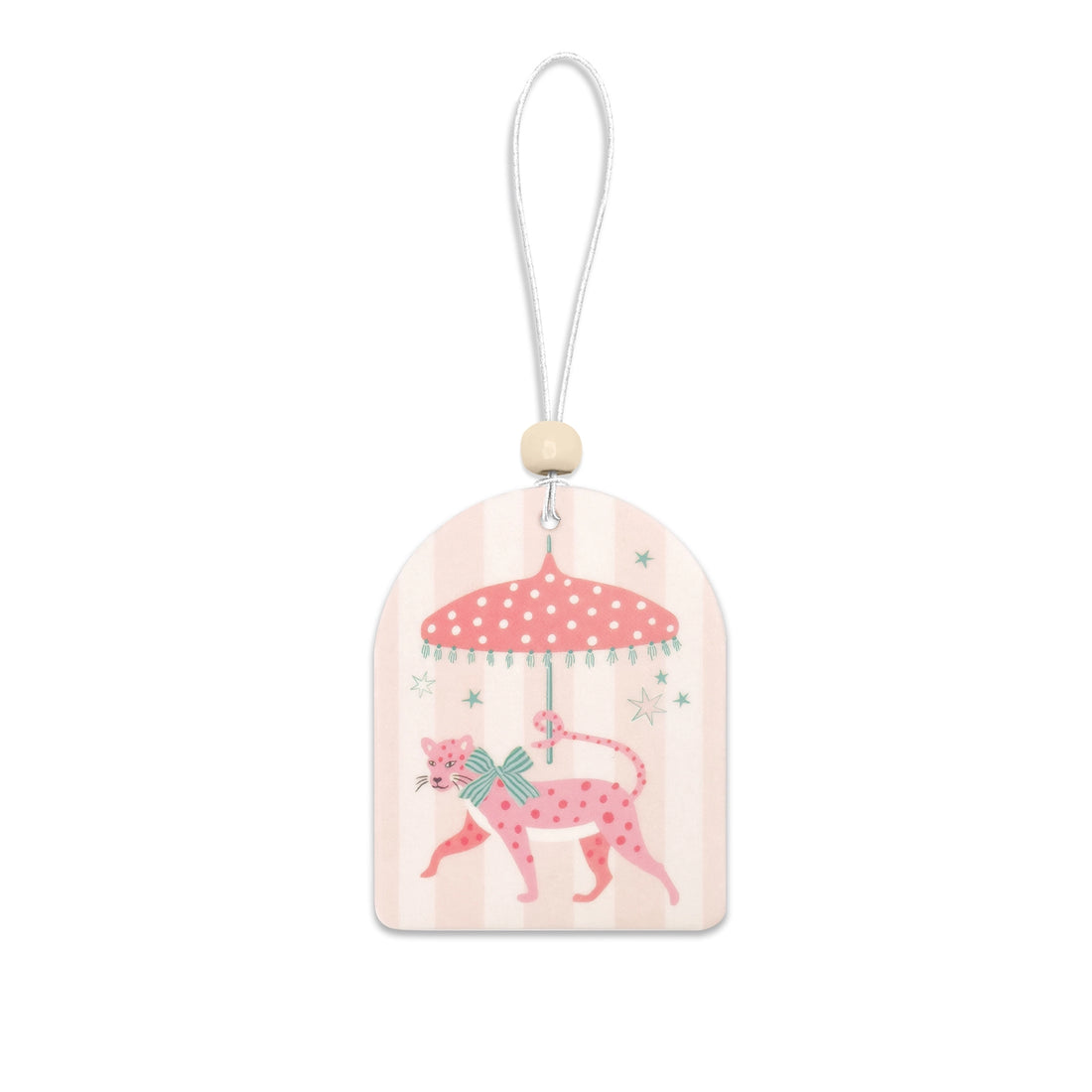 Leopard On Parade Car Air Freshener – pink leopard under umbrella with amber lily and citrus scent – Funky Confetti