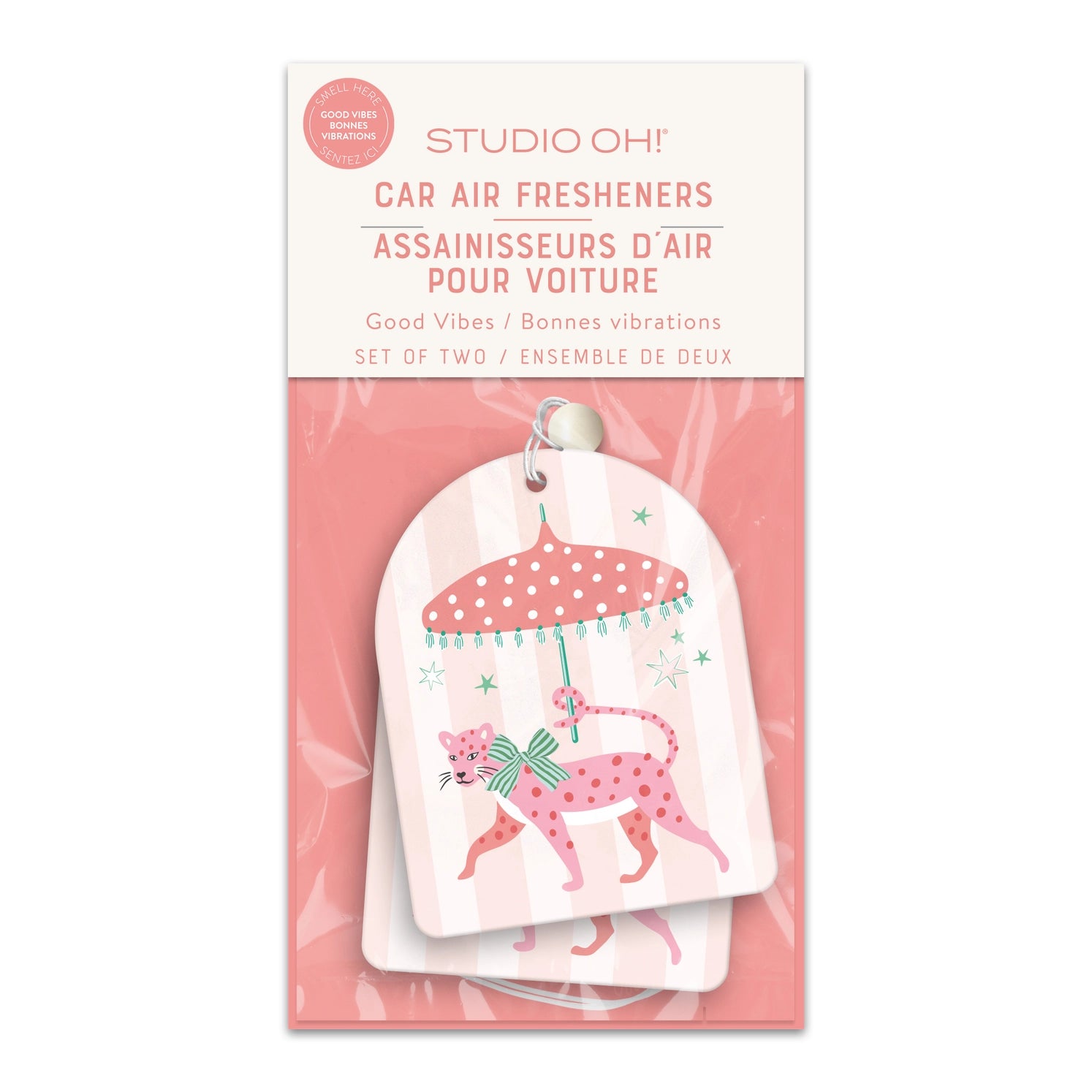Leopard On Parade Car Air Freshener – pink leopard under umbrella with amber lily and citrus scent – Funky Confetti