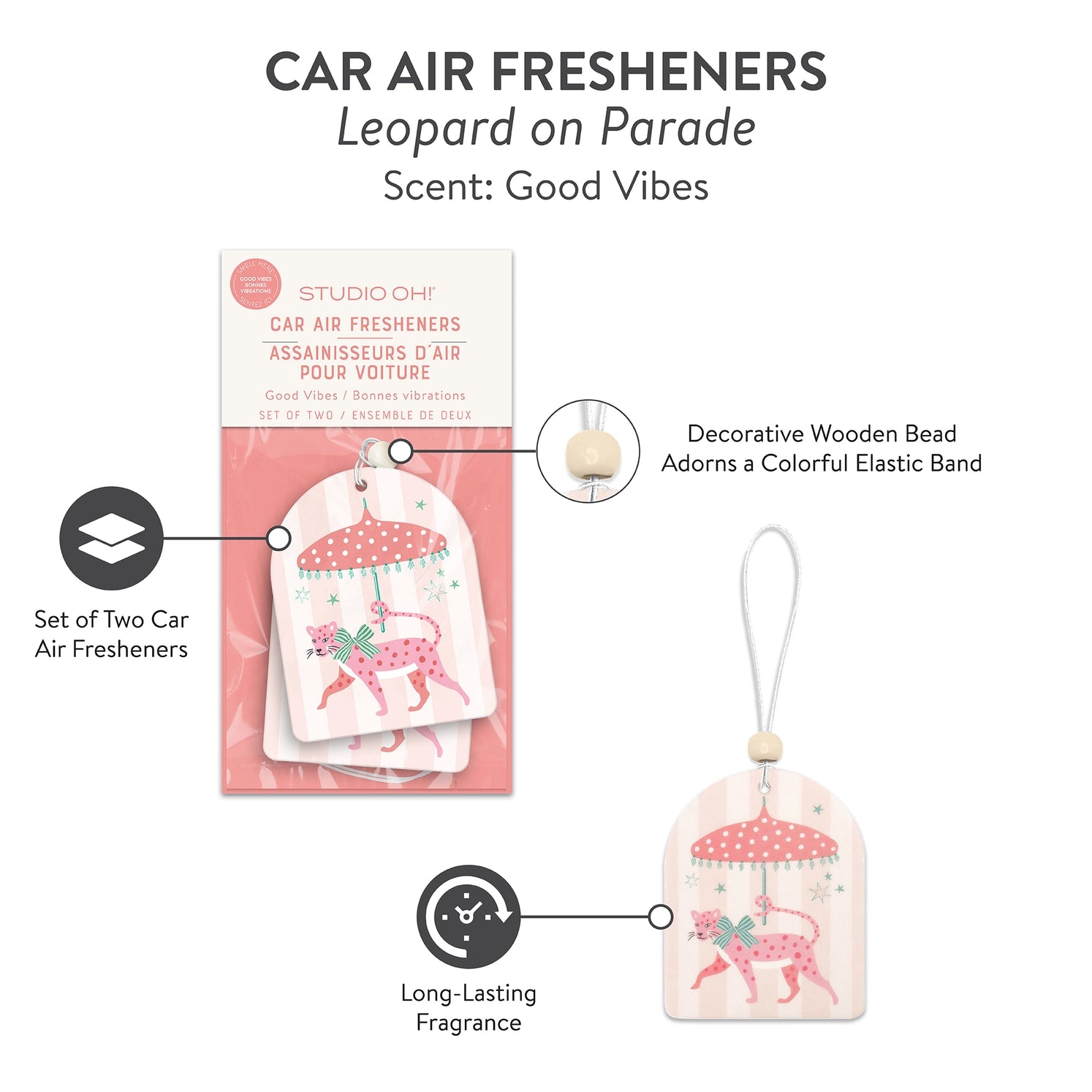 Leopard On Parade Car Air Freshener – pink leopard under umbrella with amber lily and citrus scent – Funky Confetti