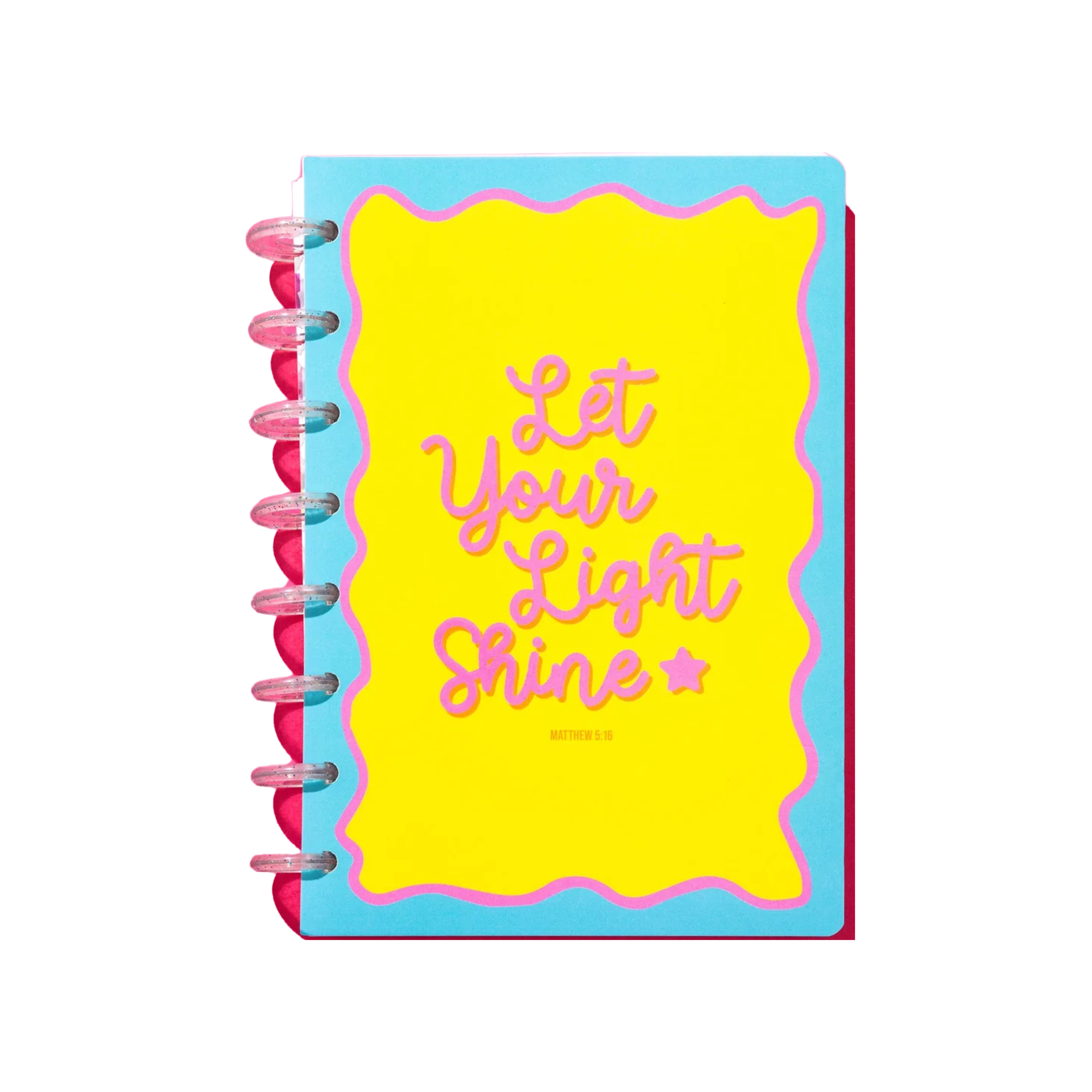 Colorful Christian notebook with “Let Your Light Shine” quote, glitter spiral binding – Funky Confetti