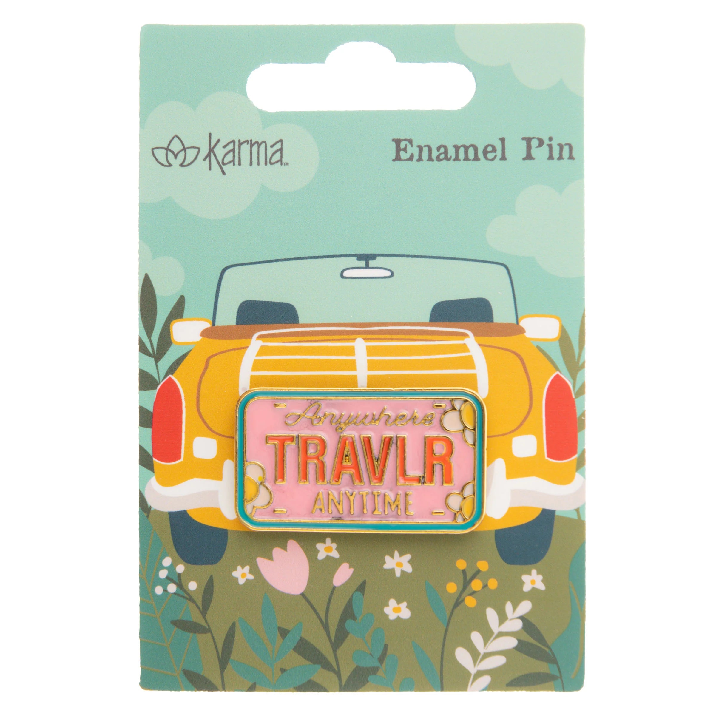 License Plate Enamel Pin with pink retro TRAVLR design – Funky Confetti