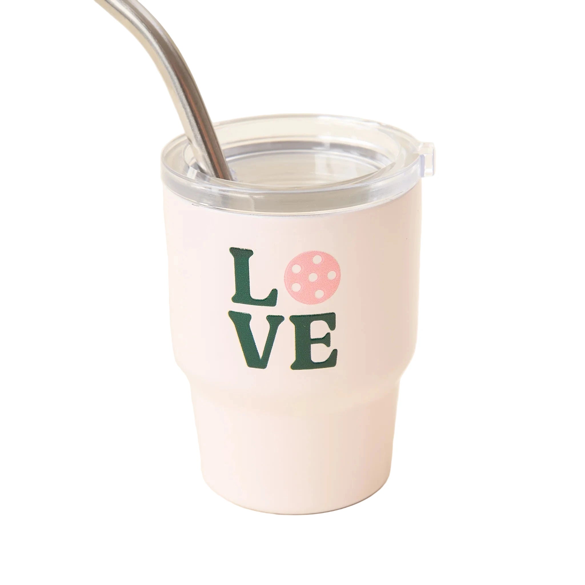 Mini pink insulated tumbler with “LOVE” pickleball design, lid, and stainless steel straw – Funky Confetti