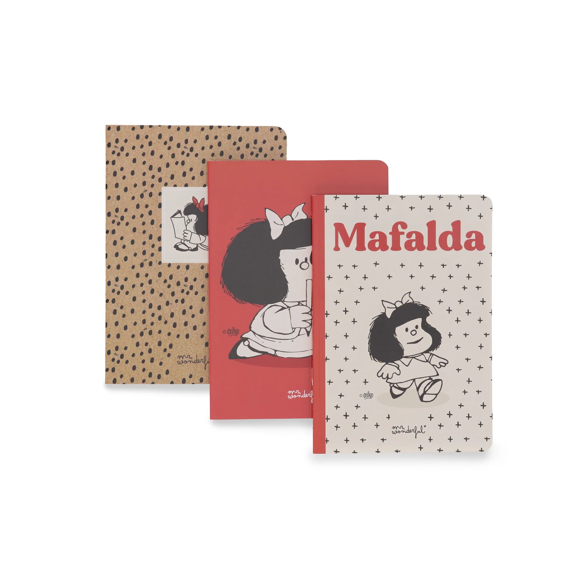 Mafalda A6 notebook set with three cute mini journals featuring different page styles and playful designs