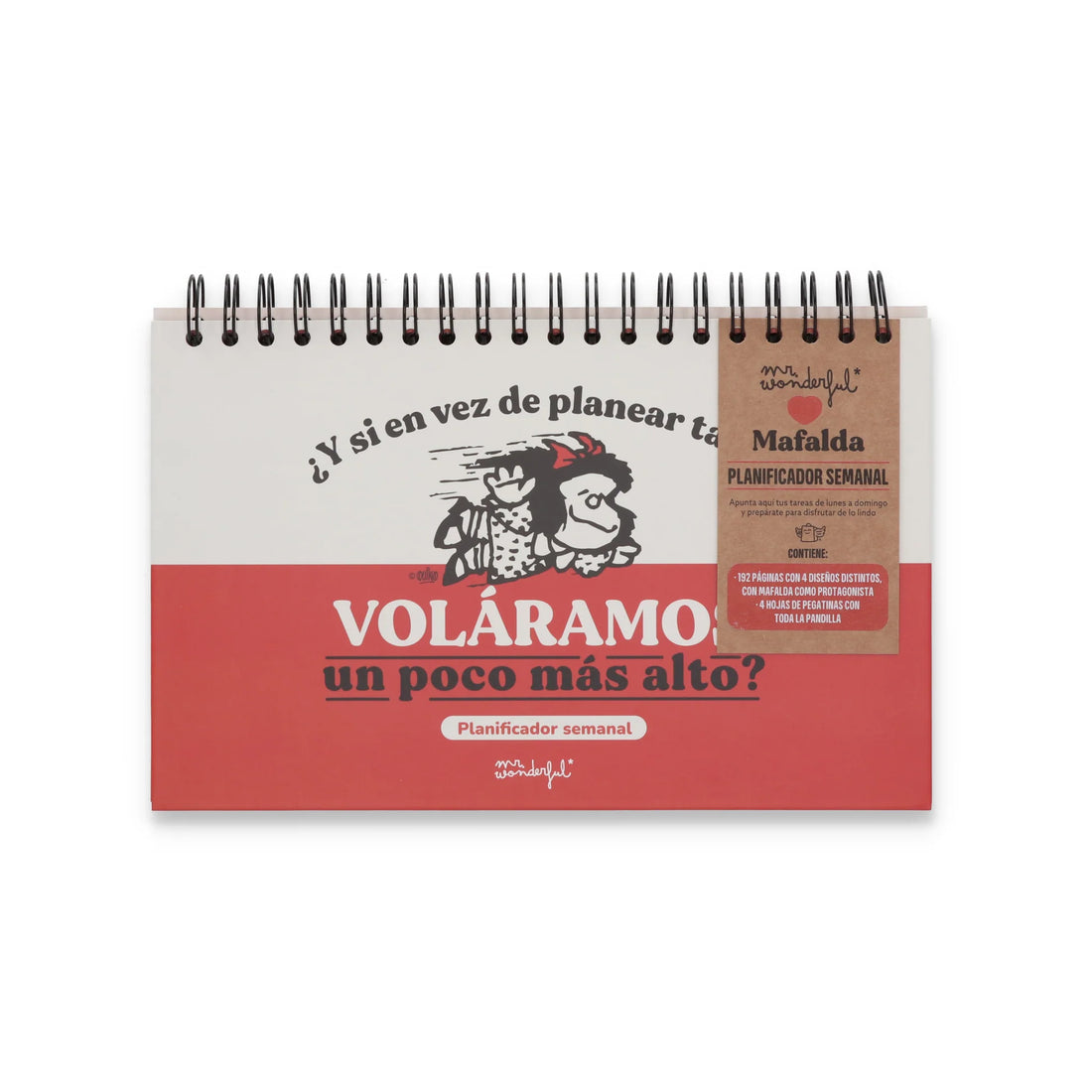 Mafalda weekly planner with spiral binding, horizontal layout, and sticker sheets for organizing weekly tasks