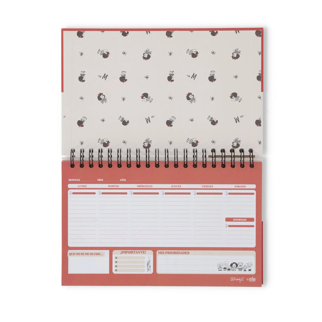 Mafalda weekly planner with spiral binding, horizontal layout, and sticker sheets for organizing weekly tasks