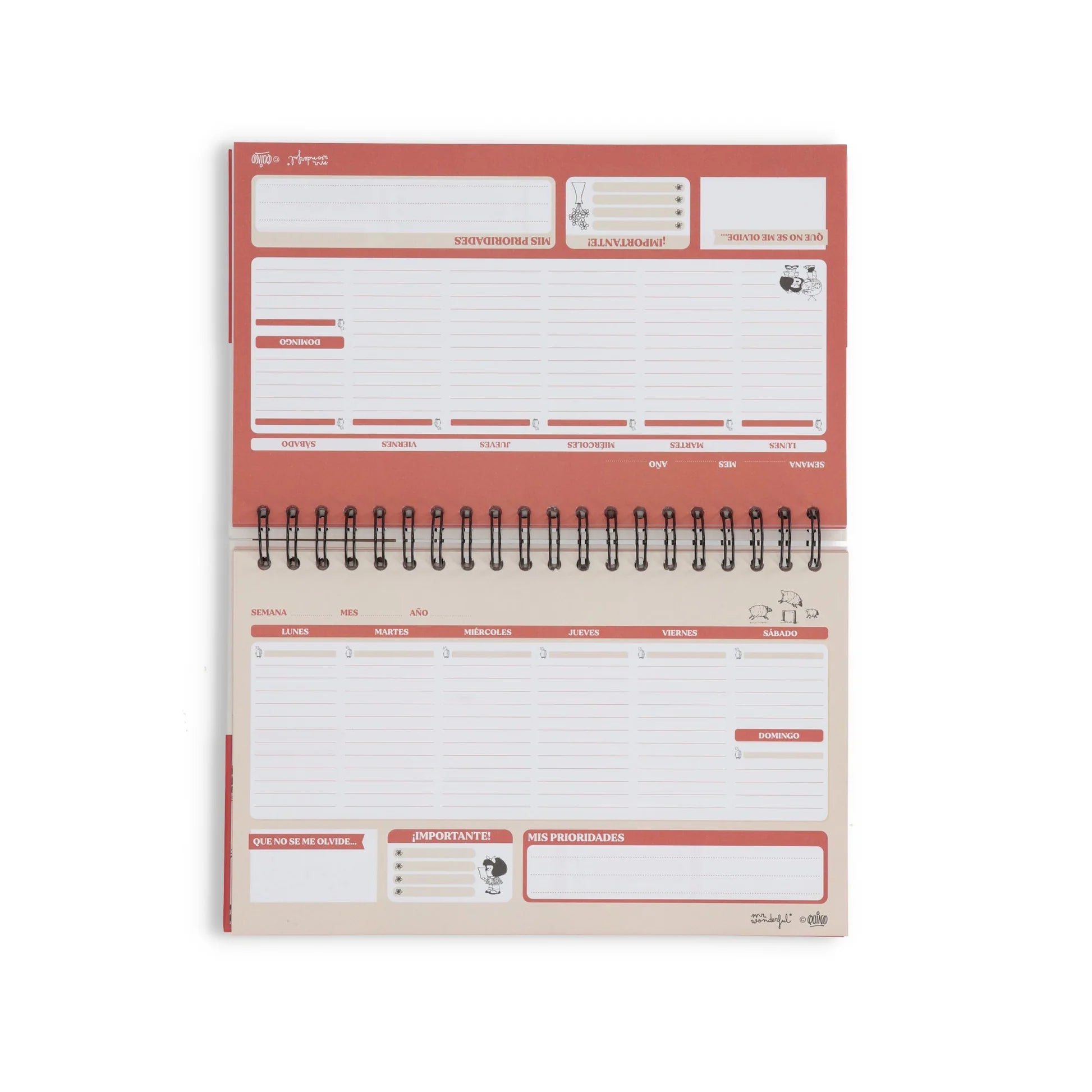 Mafalda weekly planner with spiral binding, horizontal layout, and sticker sheets for organizing weekly tasks