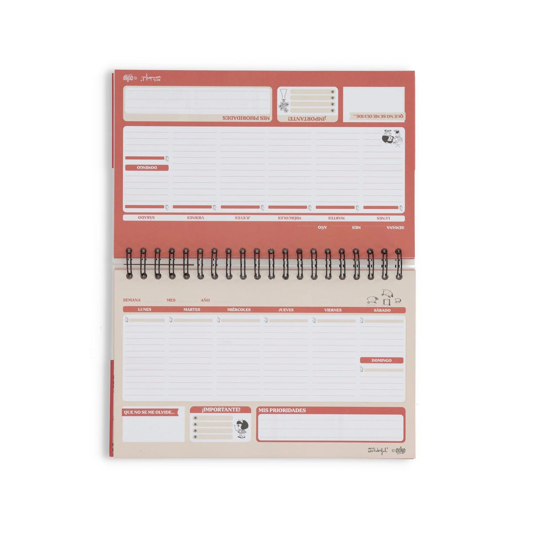 Mafalda weekly planner with spiral binding, horizontal layout, and sticker sheets for organizing weekly tasks
