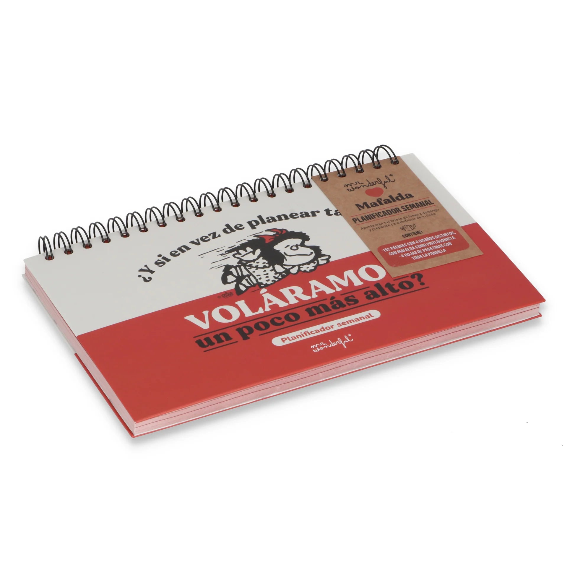 Mafalda weekly planner with spiral binding, horizontal layout, and sticker sheets for organizing weekly tasks