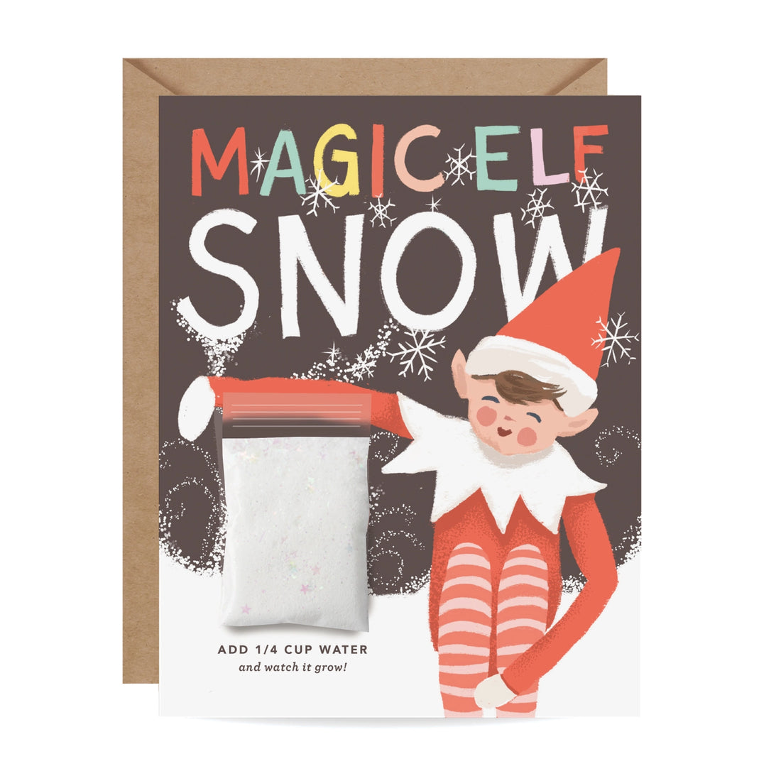 Christmas greeting card featuring an elf illustration and instant snow packet labeled “Magic Elf Snow” – Funky Confetti