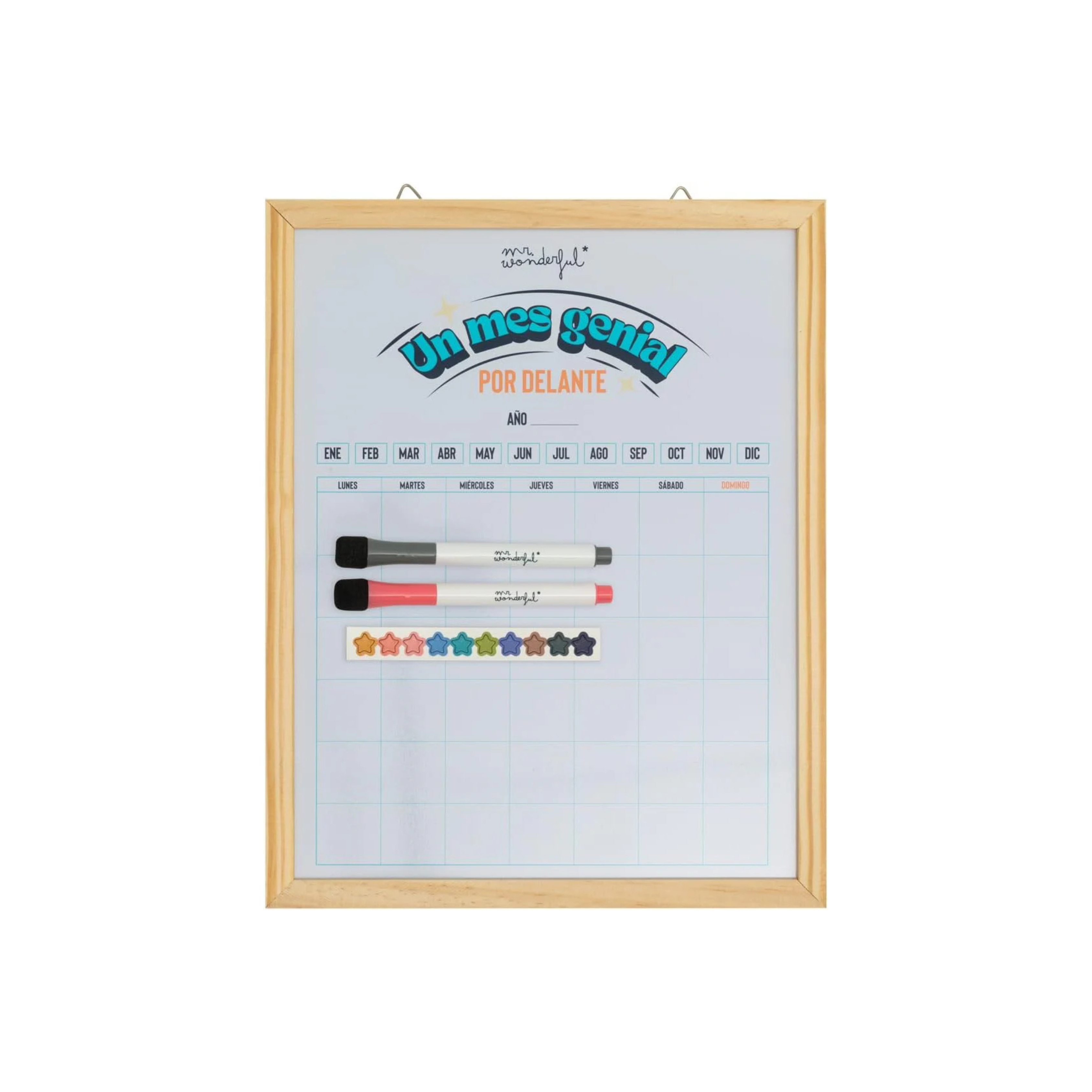 Wall-mounted monthly magnetic whiteboard with natural wood frame, monthly grid, and two markers and star magnets attached.
