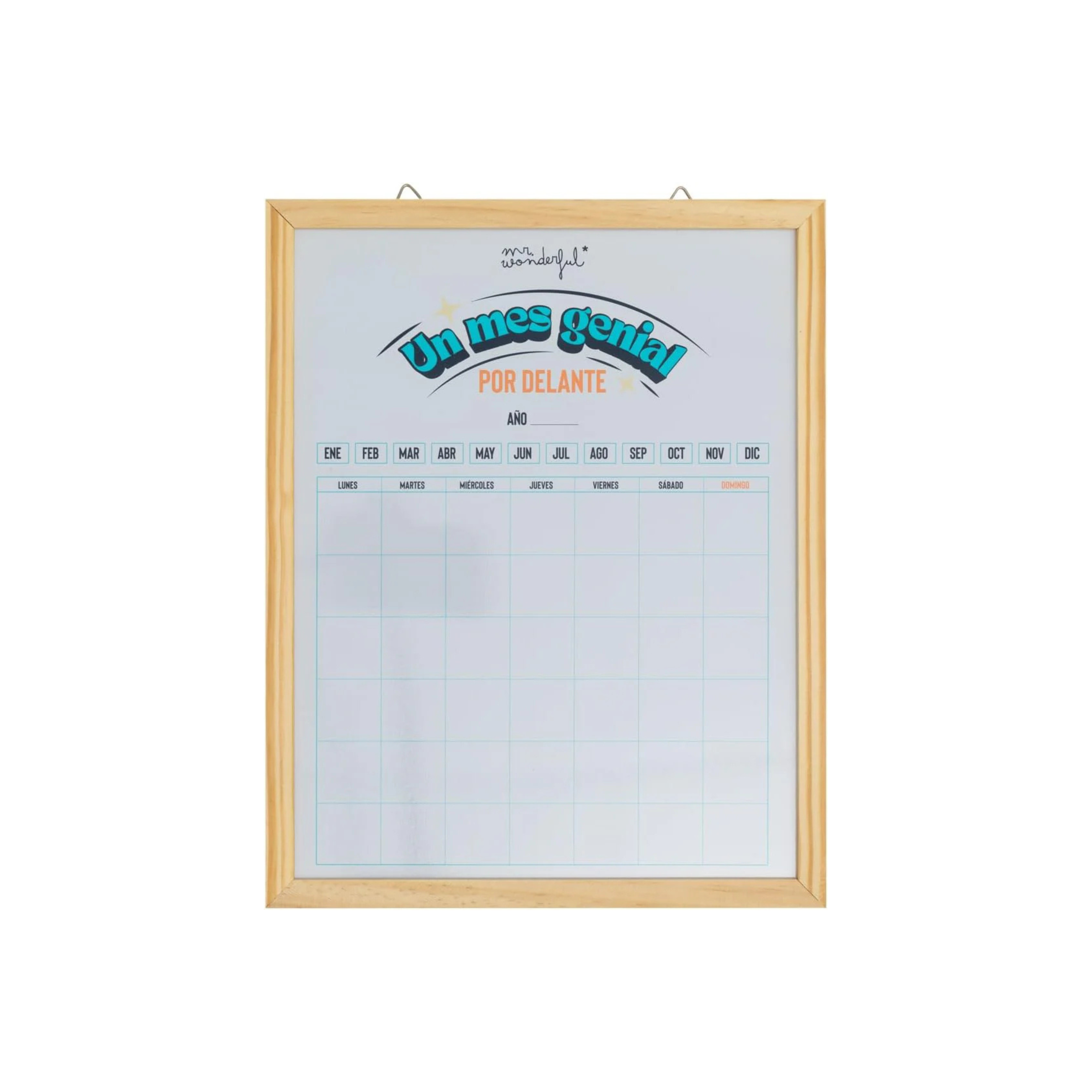 Monthly magnetic whiteboard planner with wood frame shown blank and ready to fill in.