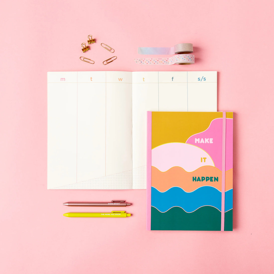 Colorful undated perpetual planner with “Make It Happen” cover from Funky Confetti