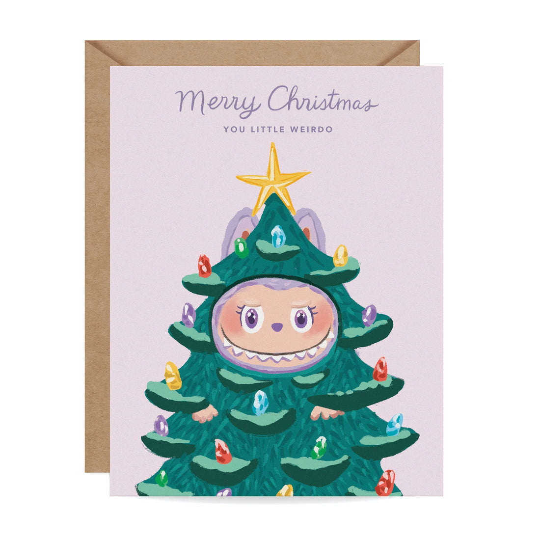Cute Christmas card with monster dressed as Christmas tree and text “Merry Christmas You Little Weirdo” – Funky Confetti