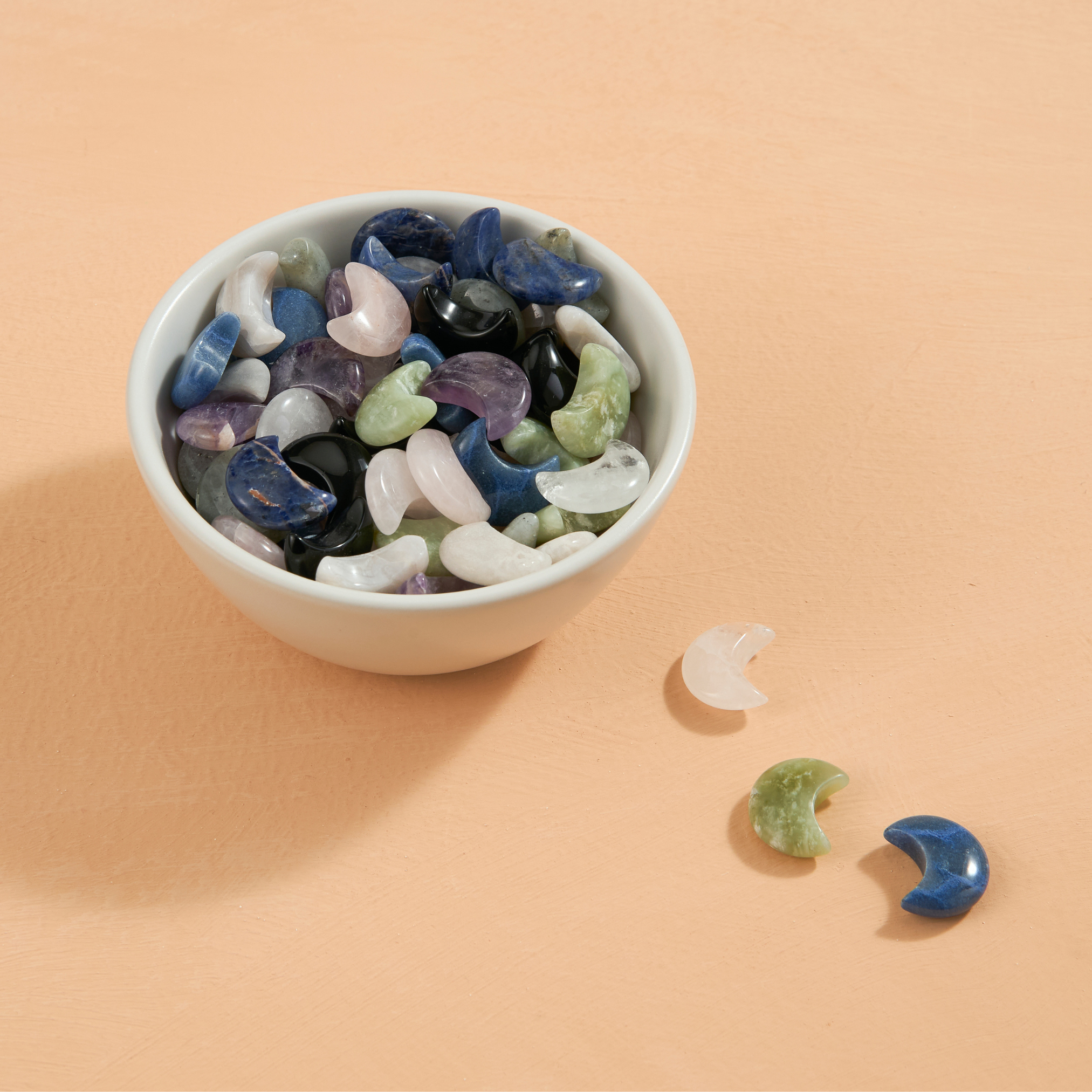Assorted hand-carved crystal moon gemstones in amethyst, jade, quartz and more – Funky Confetti