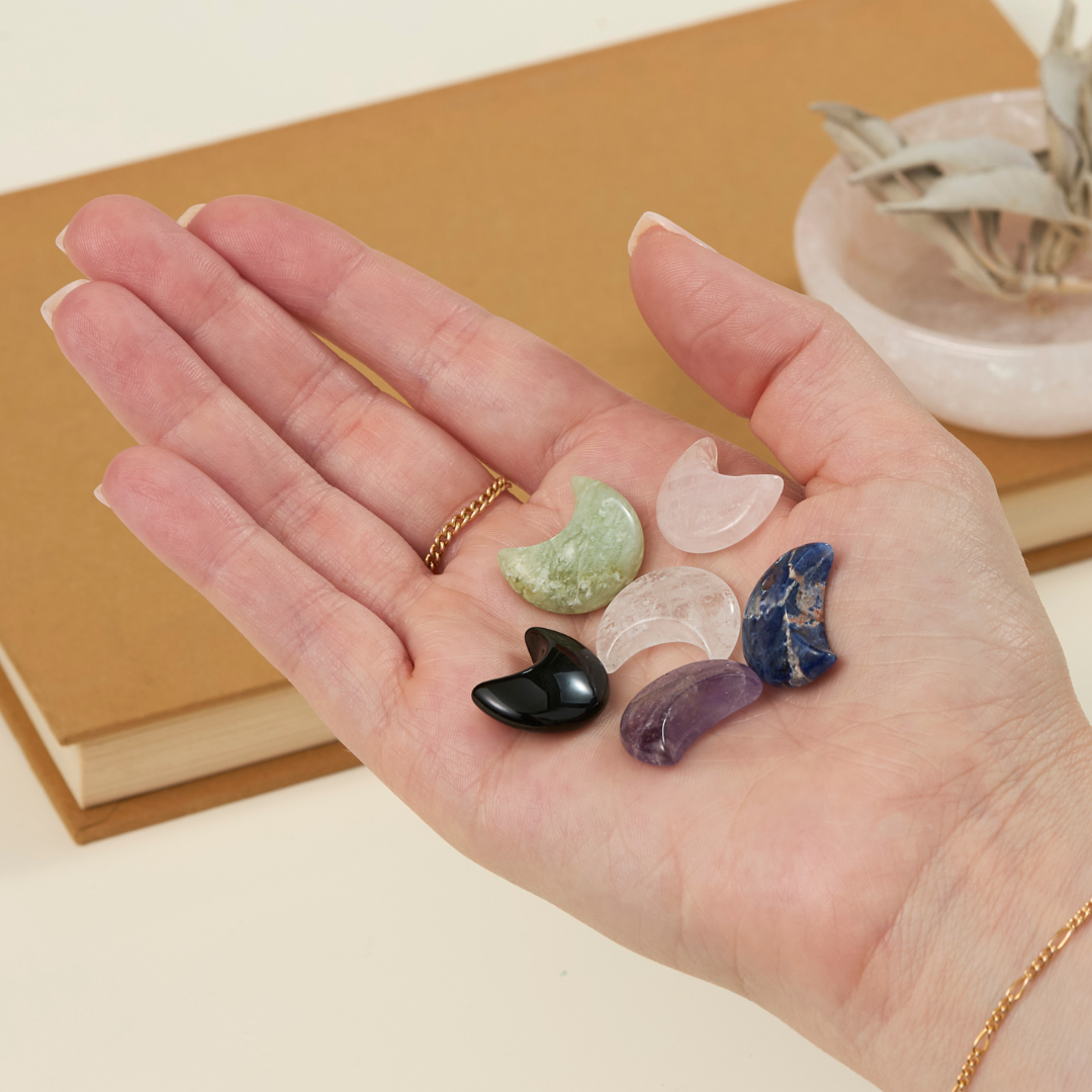 Assorted hand-carved crystal moon gemstones in amethyst, jade, quartz and more – Funky Confetti