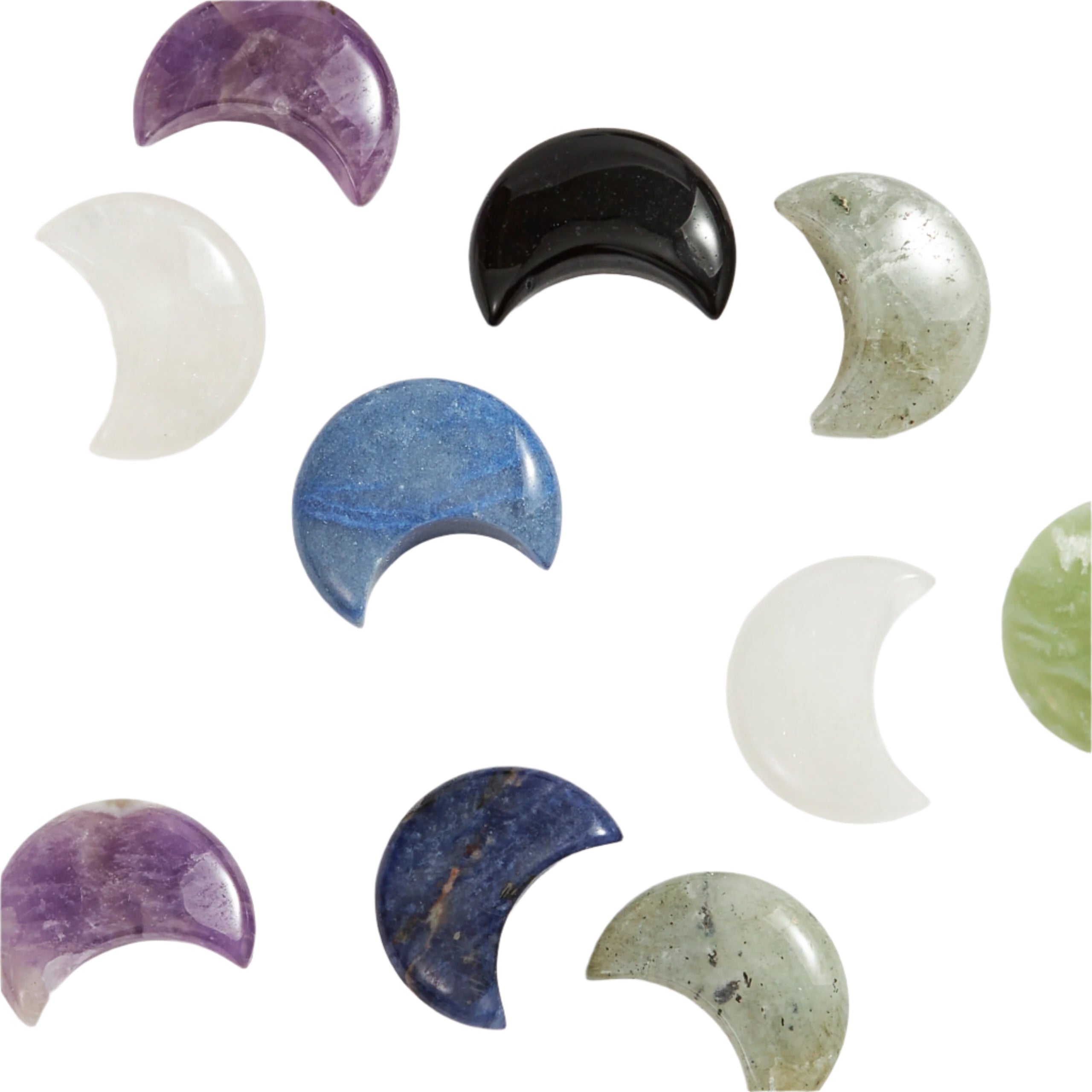 Assorted hand-carved crystal moon gemstones in amethyst, jade, quartz and more – Funky Confetti