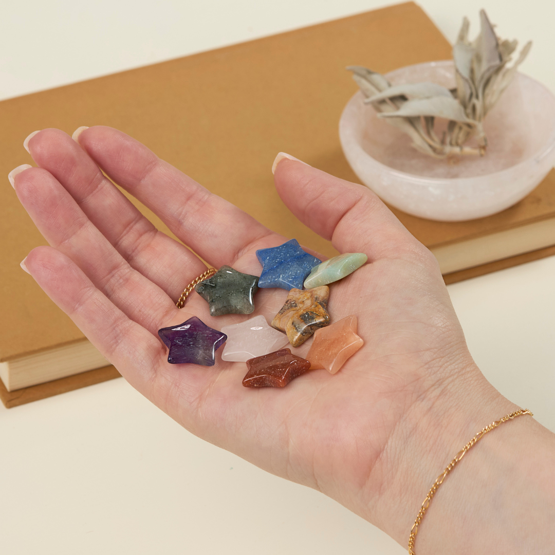 Colorful carved crystal stars in various healing gemstones like Amethyst and Labradorite – Funky Confetti