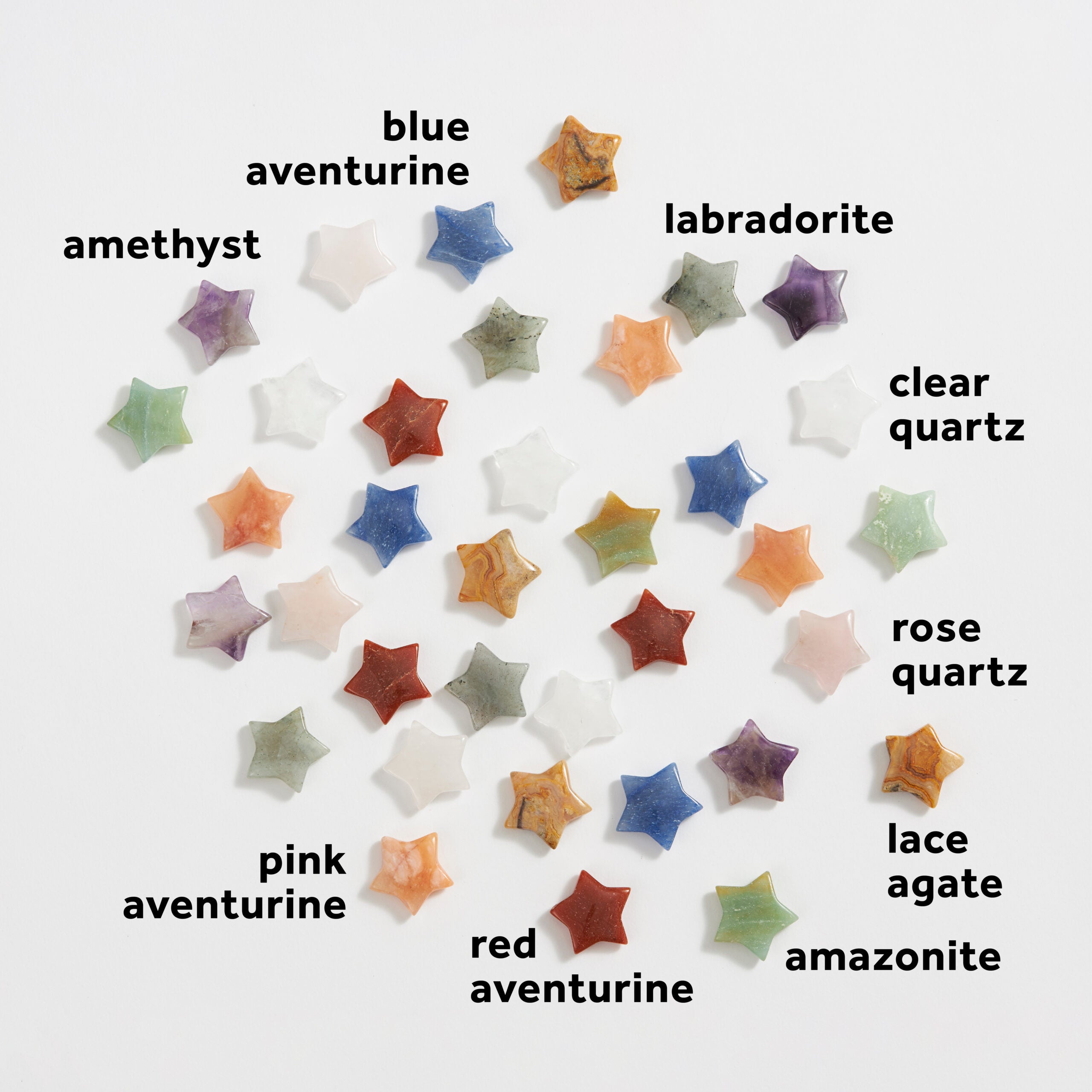 Colorful carved crystal stars in various healing gemstones like Amethyst and Labradorite – Funky Confetti