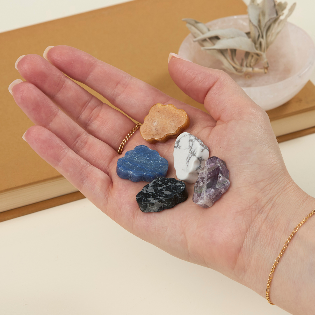 Assorted mini crystal clouds carved from gemstones like Amethyst, Amazonite, Clear Quartz – Funky Confetti