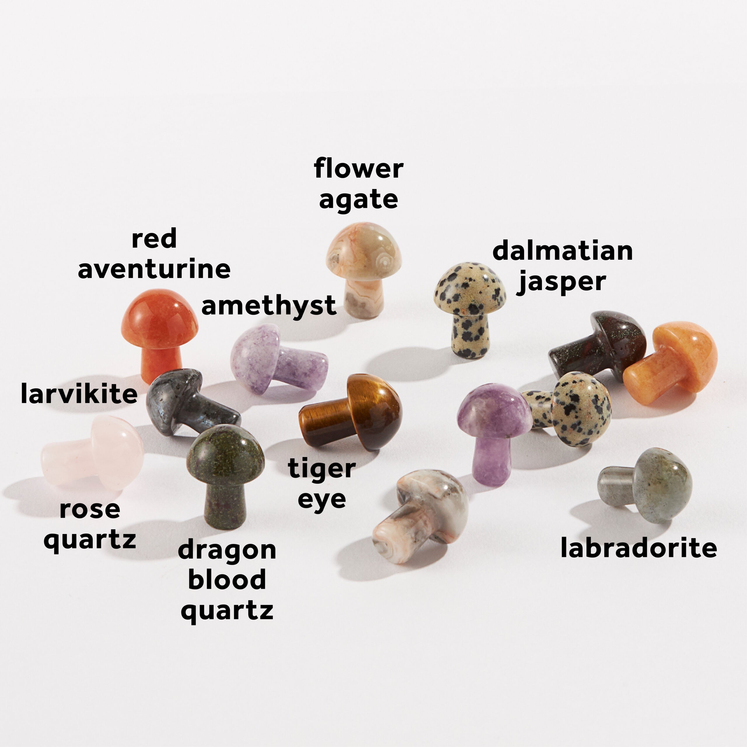 Assorted hand-carved mini mushroom crystals in Amethyst, Tiger’s Eye, Jasper, Agate and more – Funky Confetti