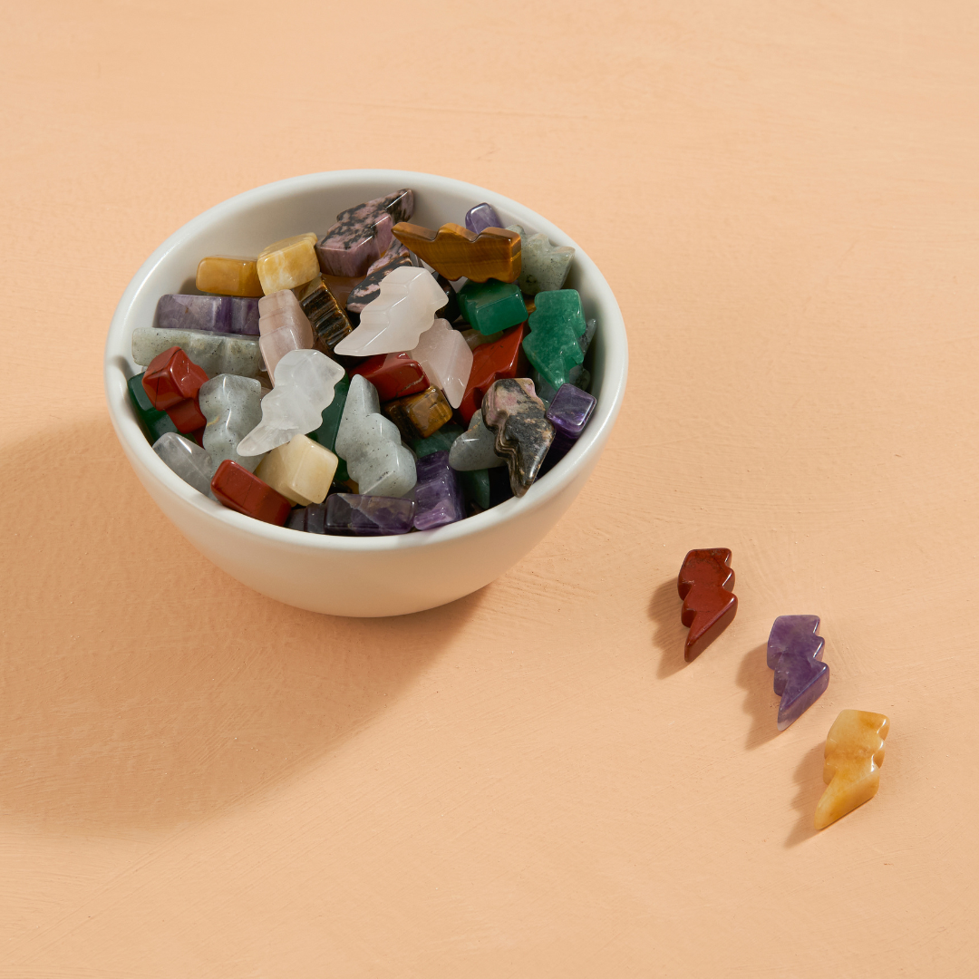 Assorted mini lightning bolt crystals carved from Amethyst, Amazonite, Rose Quartz, and more – Funky Confetti