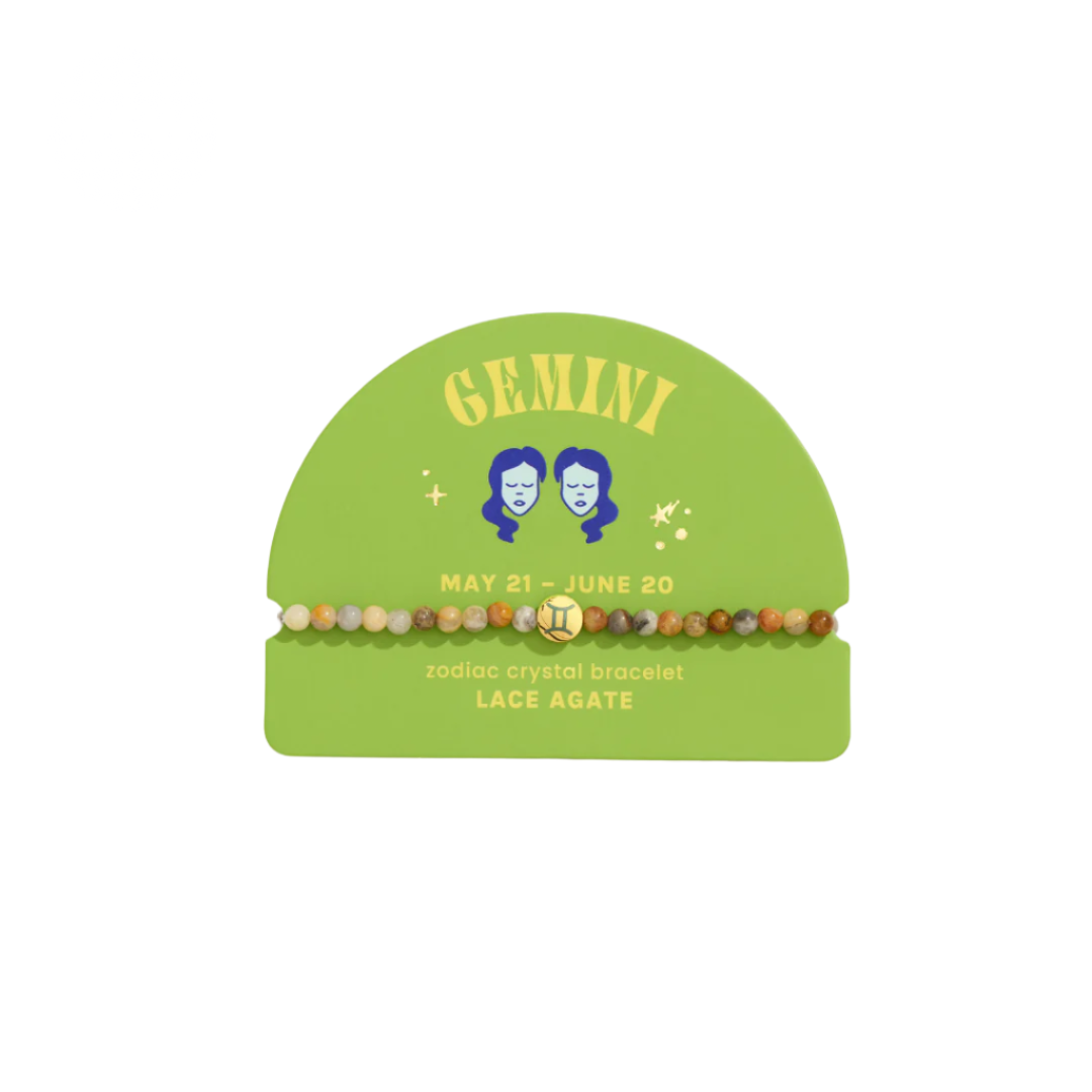 A collection of colorful zodiac-themed crystal bracelets displayed in a box, with each bracelet labeled with a different zodiac sign.