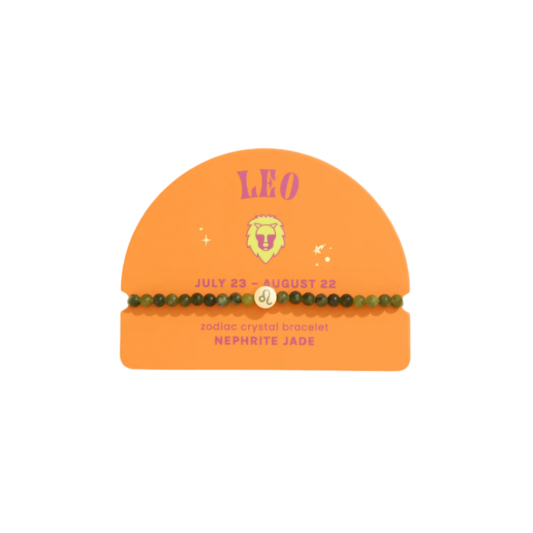 A collection of colorful zodiac-themed crystal bracelets displayed in a box, with each bracelet labeled with a different zodiac sign.