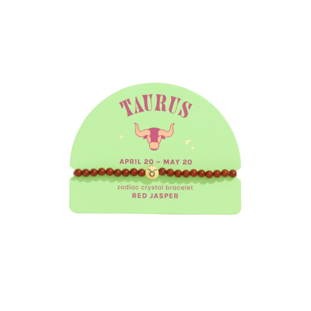 A collection of colorful zodiac-themed crystal bracelets displayed in a box, with each bracelet labeled with a different zodiac sign.