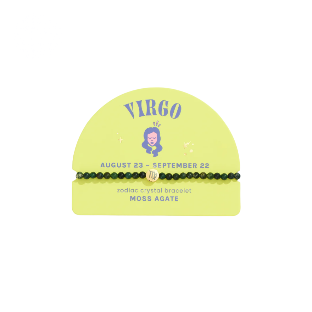 A collection of colorful zodiac-themed crystal bracelets displayed in a box, with each bracelet labeled with a different zodiac sign.