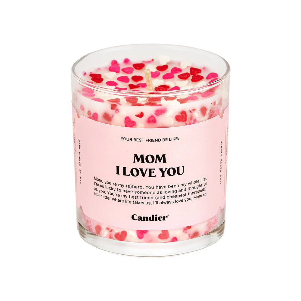 Mom I Love You Candle with peach blossom scent and heart-shaped wax sprinkles – Funky Confetti
