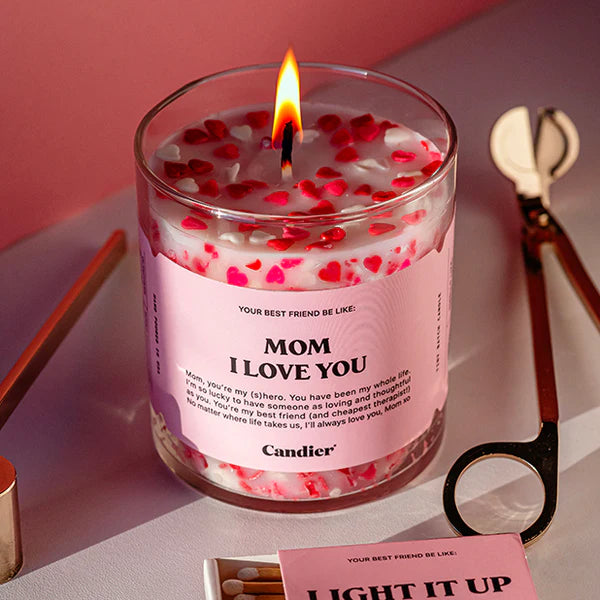 Mom I Love You Candle with peach blossom scent and heart-shaped wax sprinkles – Funky Confetti