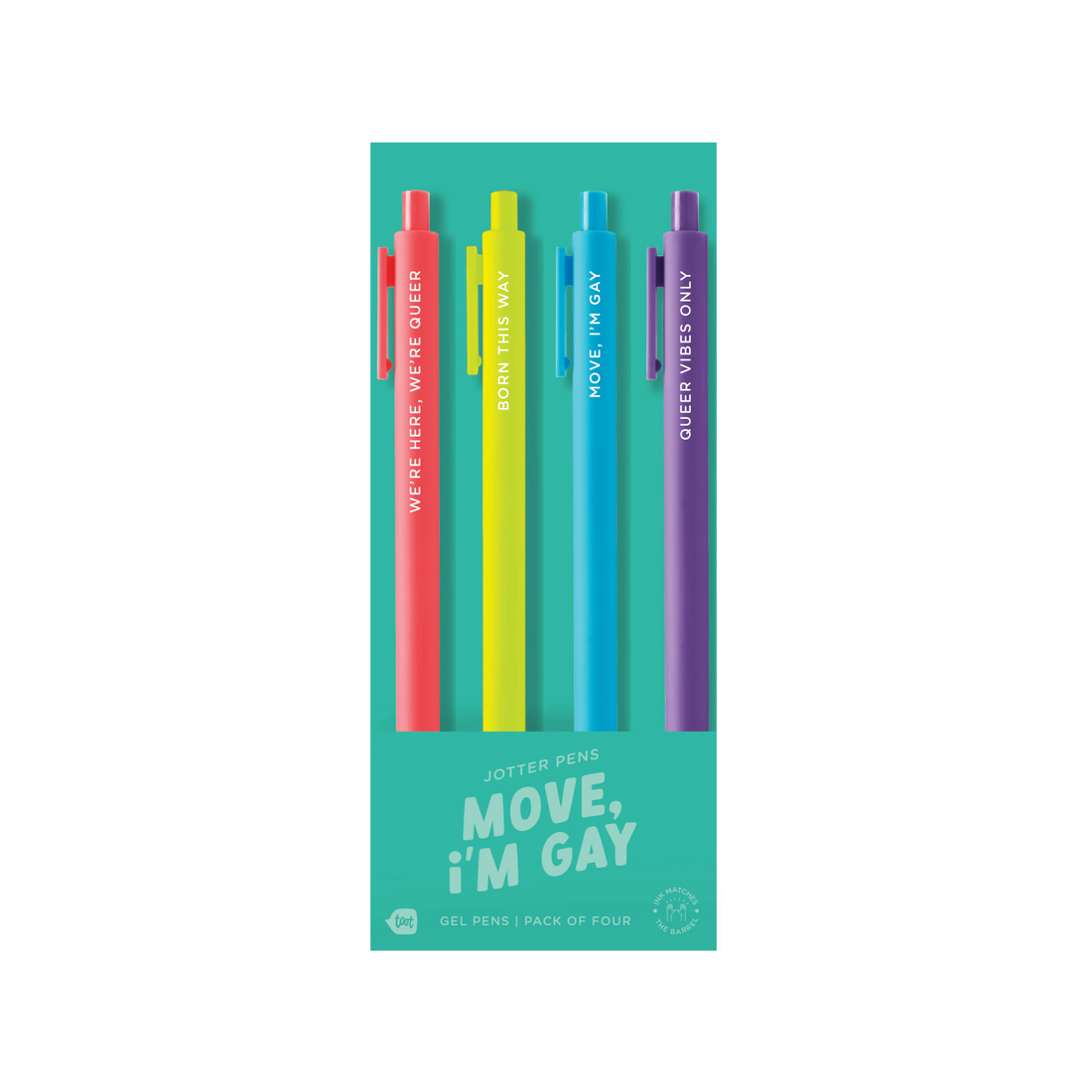 Move, I’m Gay 4-pack gel pen set with pride sayings – Funky Confetti