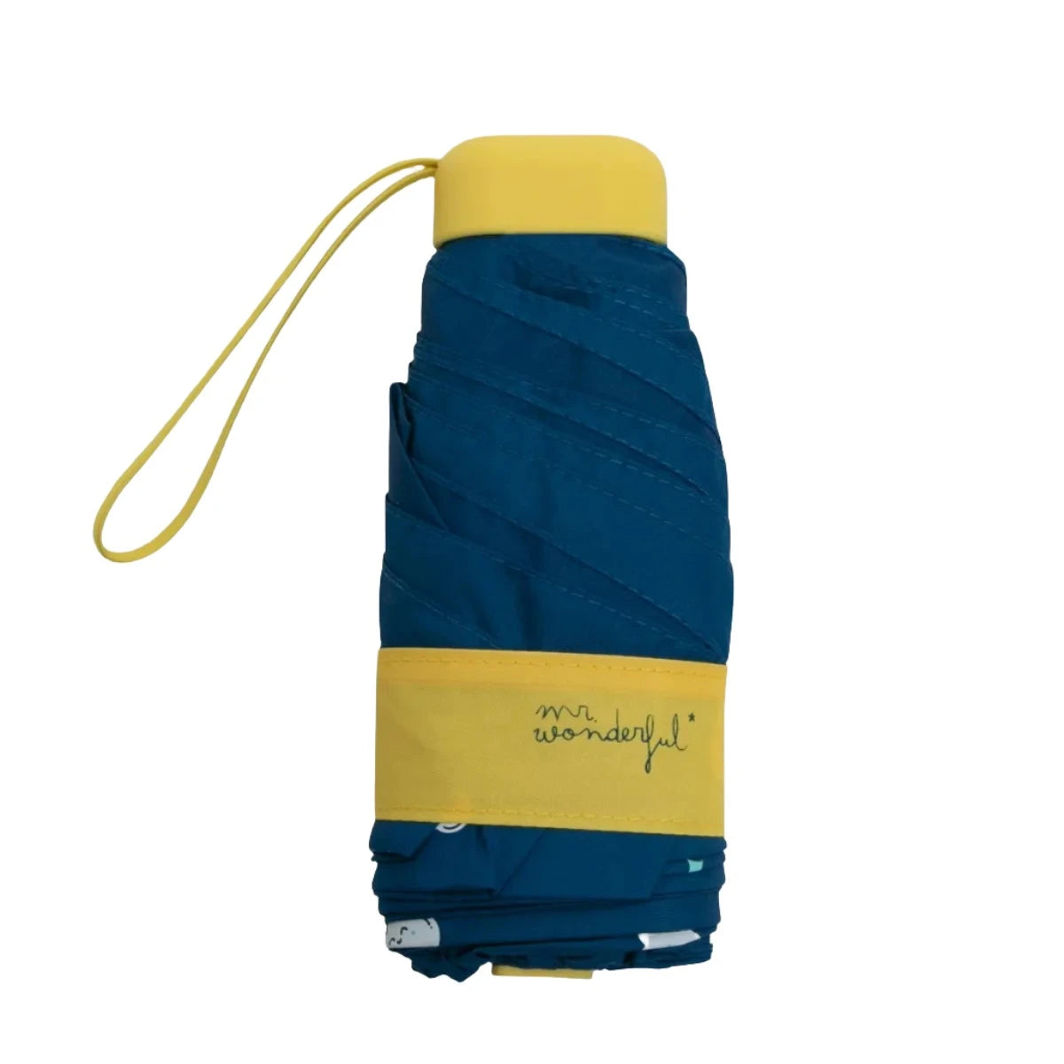 Closed compact blue umbrella with yellow strap and wrist loop, Mr. Wonderful branding.