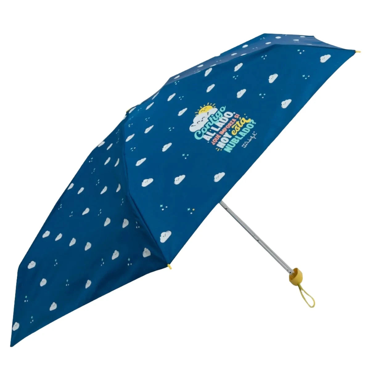 Angled view of the open windproof small blue umbrella with cloud print and sunny accent.