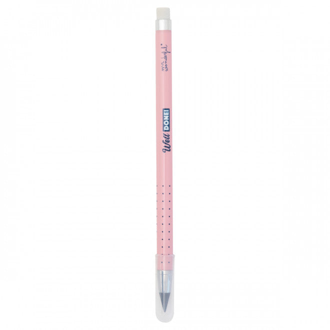 Pink endless pencil with eraser and cap, dotted grip detail, “Well Done!” message — Mr. Wonderful.
