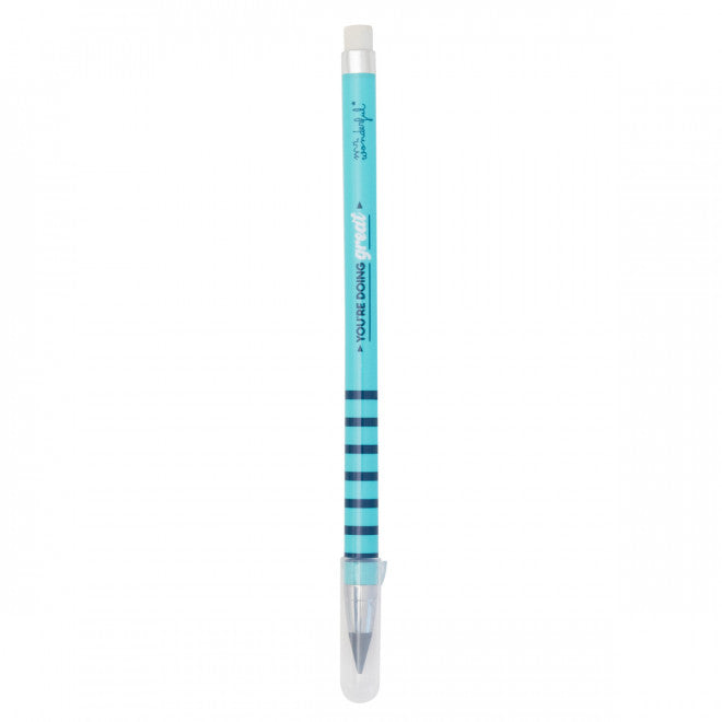 Turquoise endless pencil with eraser and cap, navy stripe detail, “You’re Doing Great” message — Mr. Wonderful.