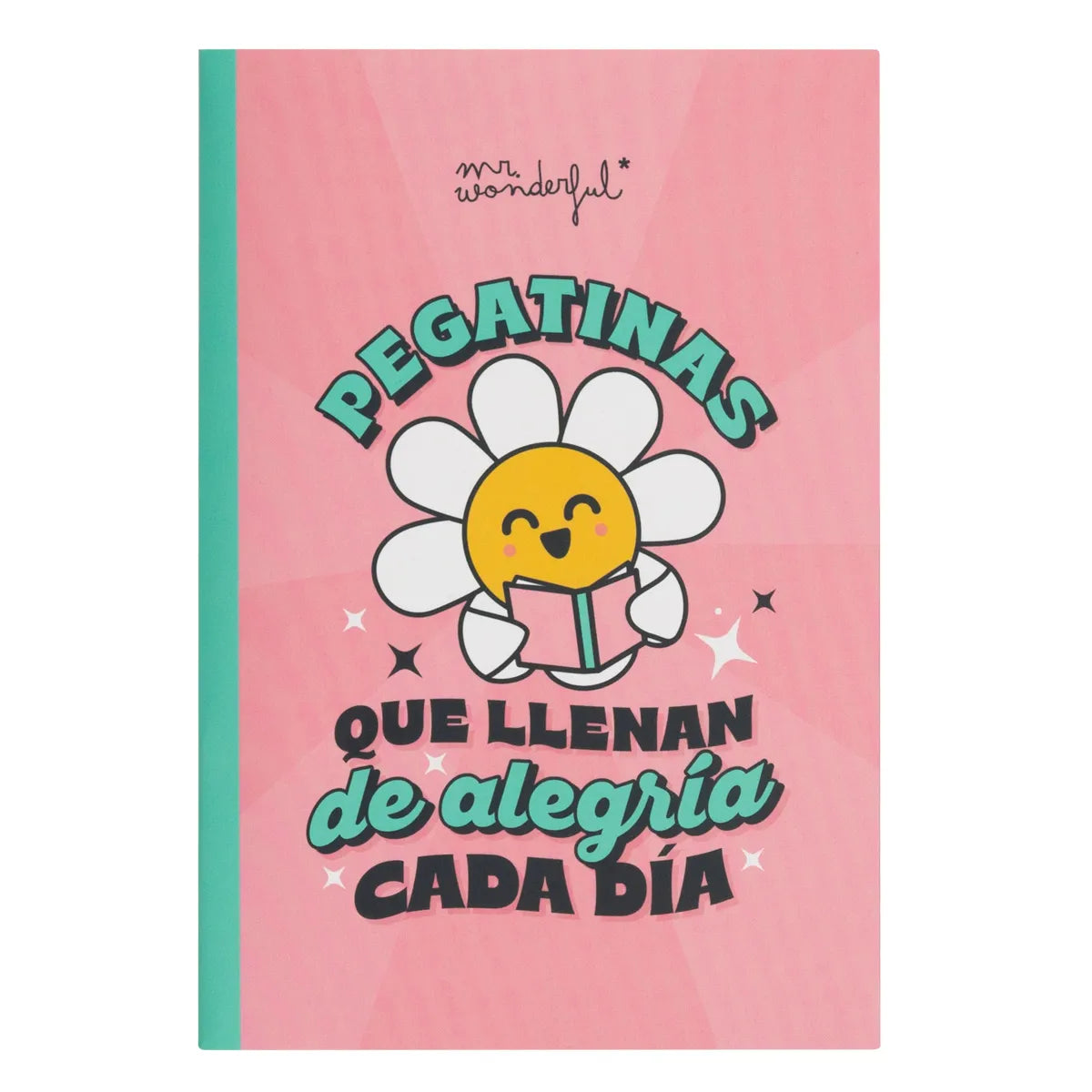 Front cover of pink A5 folder reading “Pegatinas que llenan de alegría cada día” with a smiling daisy.