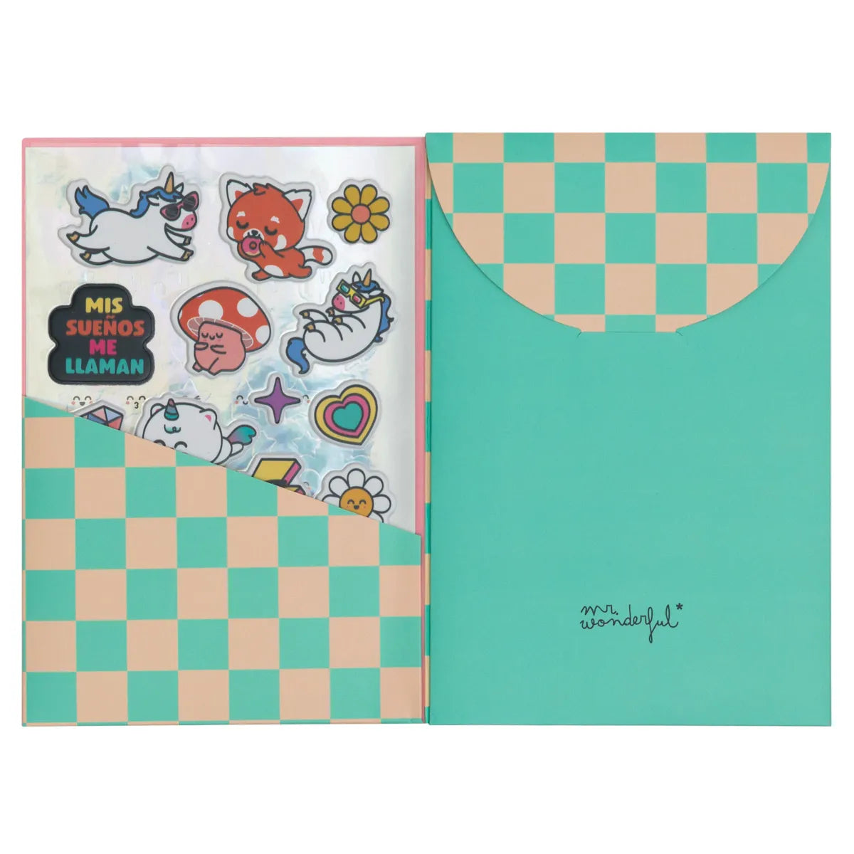 Inside of checkerboard pocket folder showing holographic sticker sheet on the left.