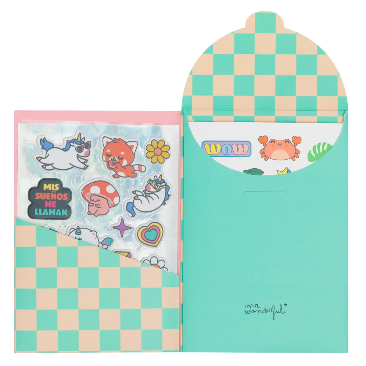 Folder open with pockets, sheets tucked inside and a visible “WOW” header.