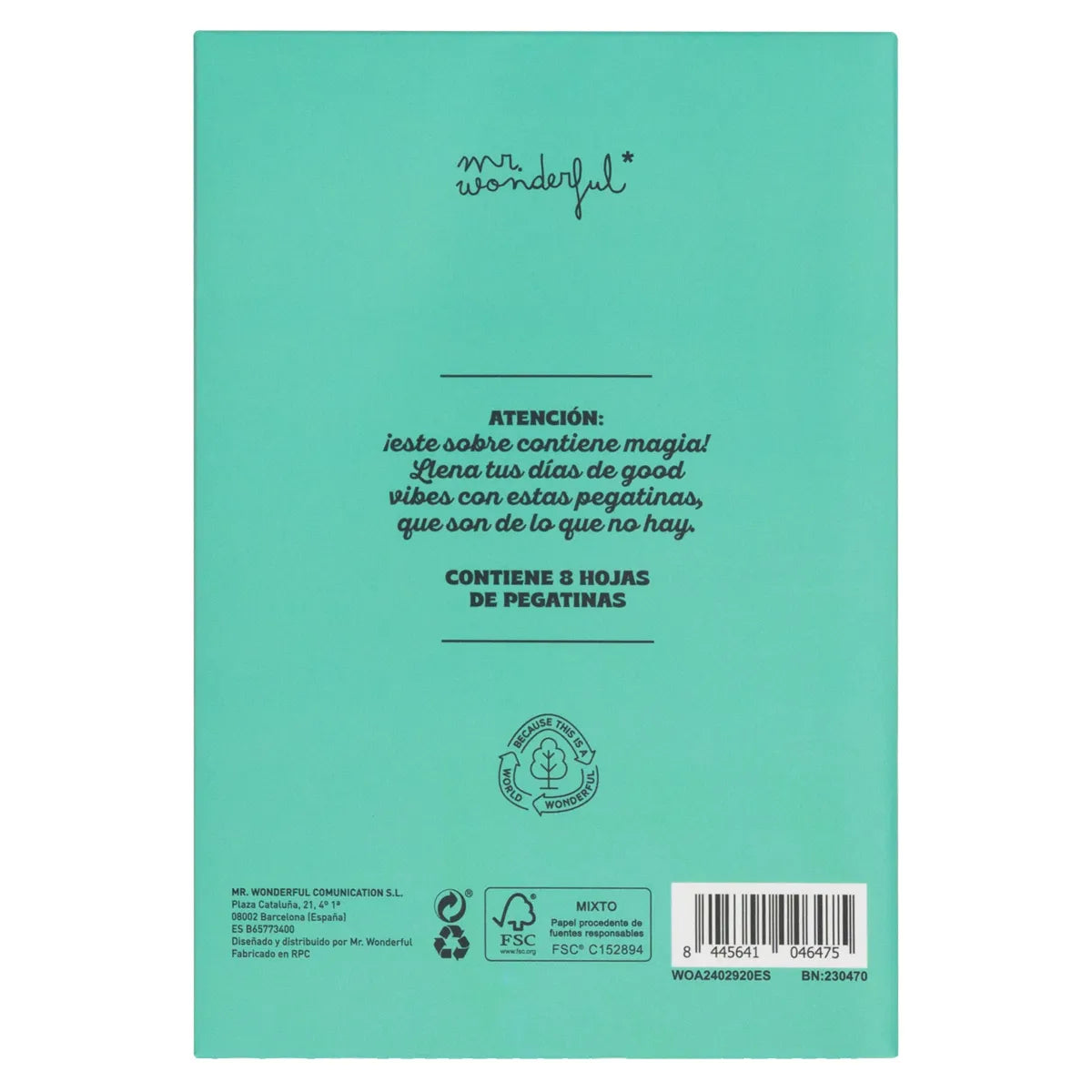 Back of teal A5 sticker folder with Mr. Wonderful logo and text “Contains 8 sticker sheets.”