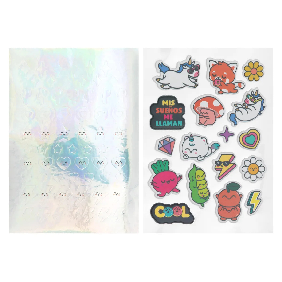 Two sheets side by side: holographic mini hearts and stars (left) and colorful kawaii icons with phrases (right).
