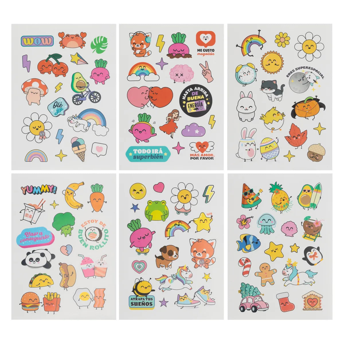 Grid of six full sticker sheets featuring cute animals, rainbows, flowers, food, and Spanish positivity.