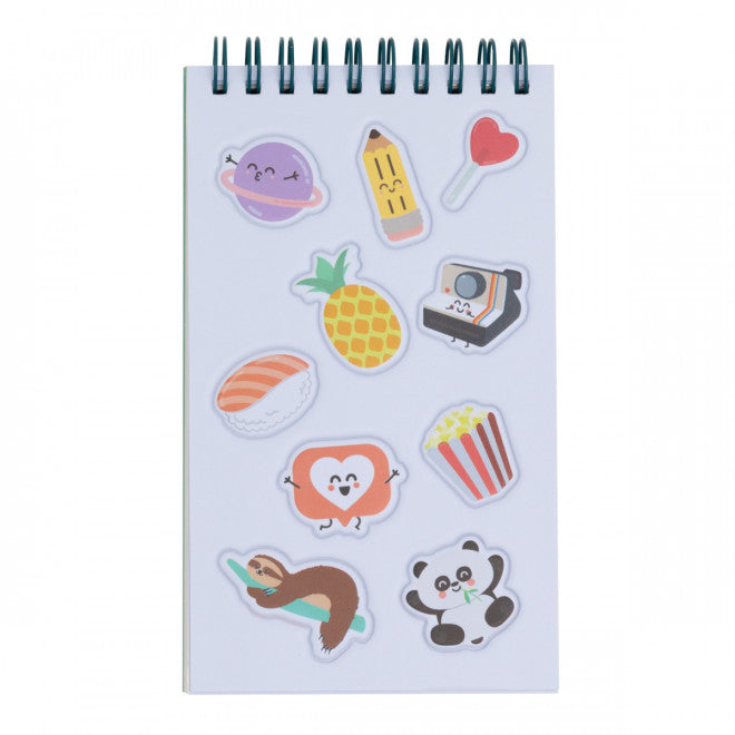 mixed sticker sheet with cute icons like planet, sushi, panda, and more.
