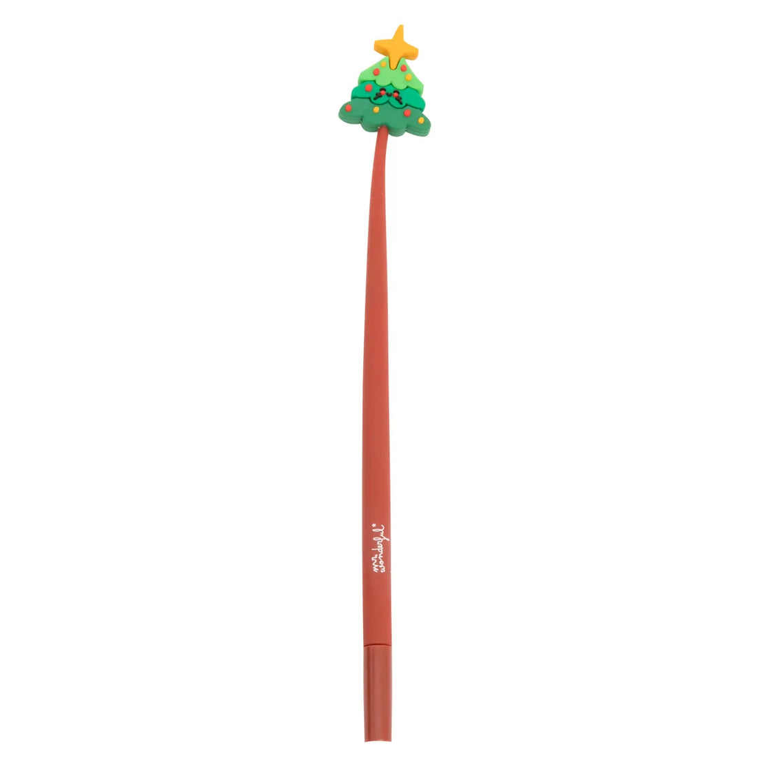 Full-length view of red flexible pen featuring a festive Christmas tree topper and removable cap.