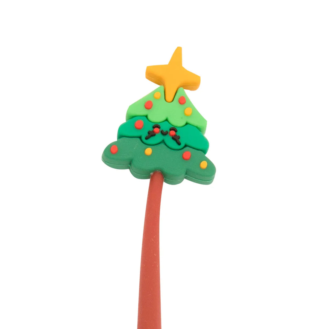 Detail of 3D Christmas tree topper—green layered tree with yellow star and colorful ornaments.