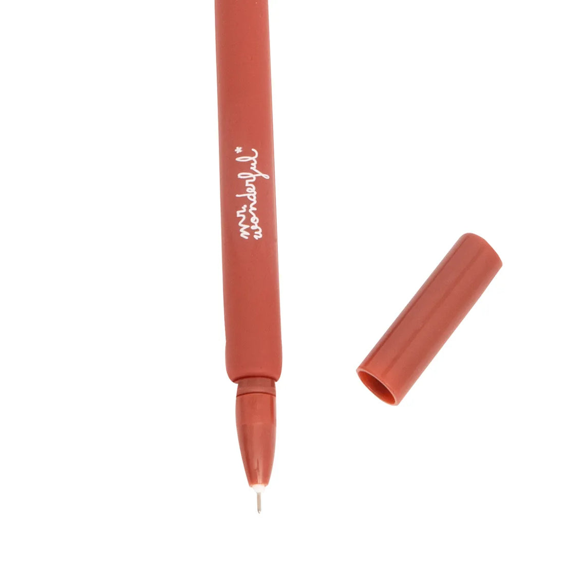 Close-up of red flexible Mr. Wonderful pen with cap off and fine point tip visible.