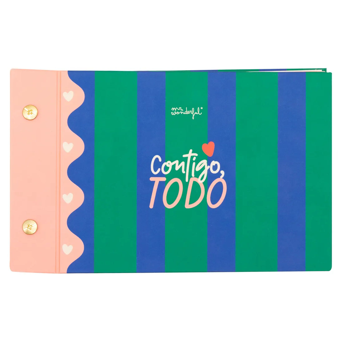 With You, Everything photo album — front cover with green/blue stripes and “Contigo, TODO” title.