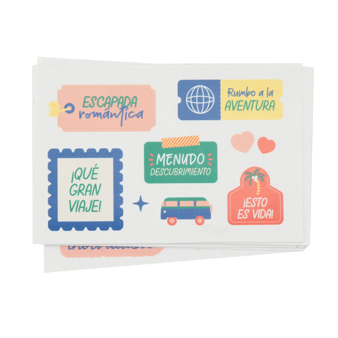 With You, Everything photo album — sticker sheet with travel-themed Spanish phrases and icons.