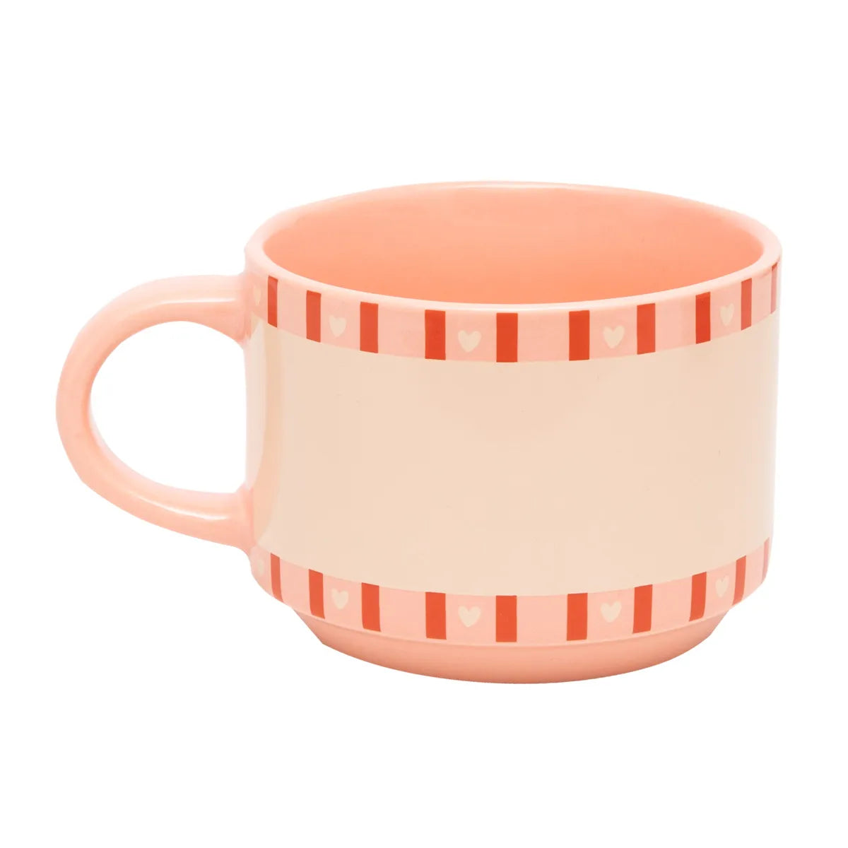 Peach stackable ceramic mug with cream panel and pink-red striped border with small hearts.